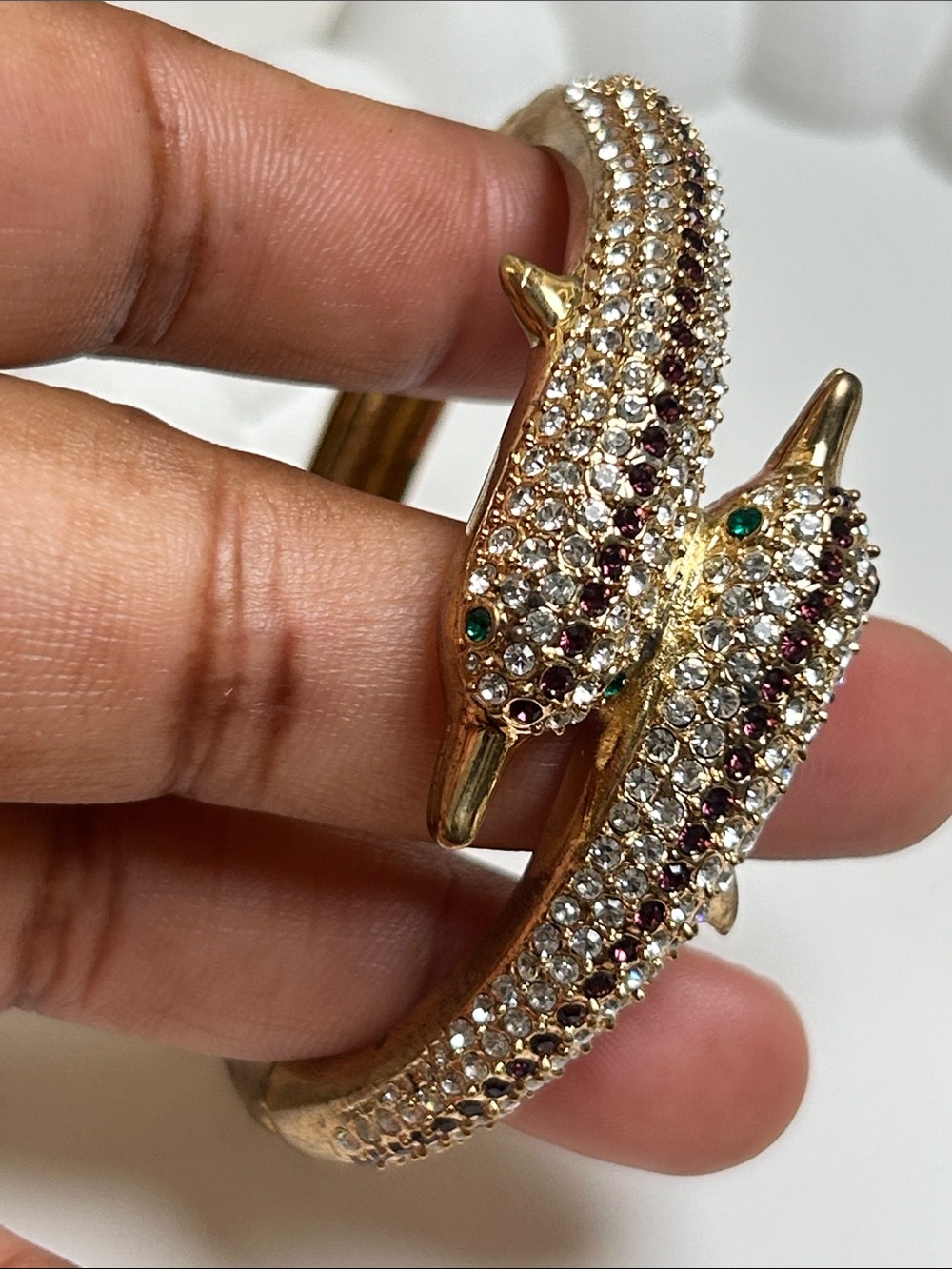Gold Crystal Dolphin Open Cuff Bracelet with Green Accent
